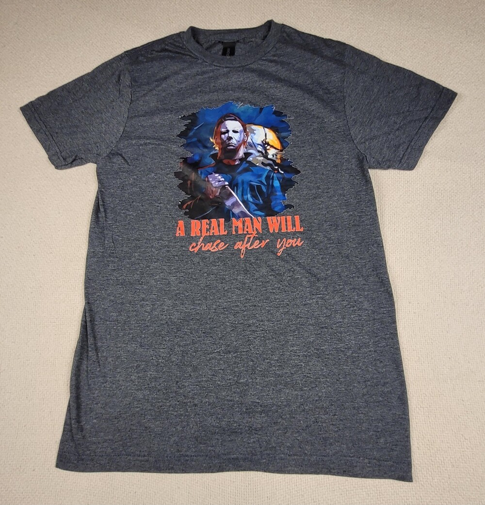 Gildan Mens S Gray Michael Myers A Real Man Will Chase After You Graphic T-Shirt